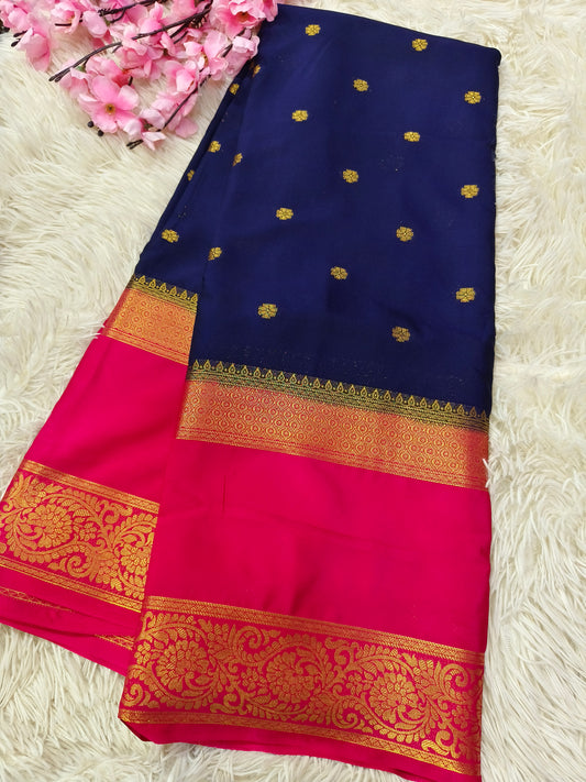 Neavy blue with pink Semi Mysore crepe silk saree