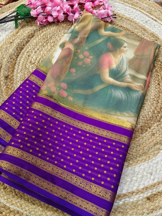 Purple queen's printed semi Mysore crepe silk saree