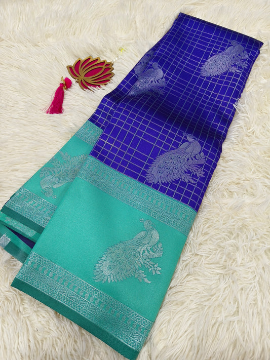 Ink blue with seagreen  Mercidised silk saree