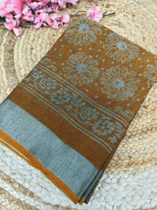 Dark orange - Black Lenin Cotton saree