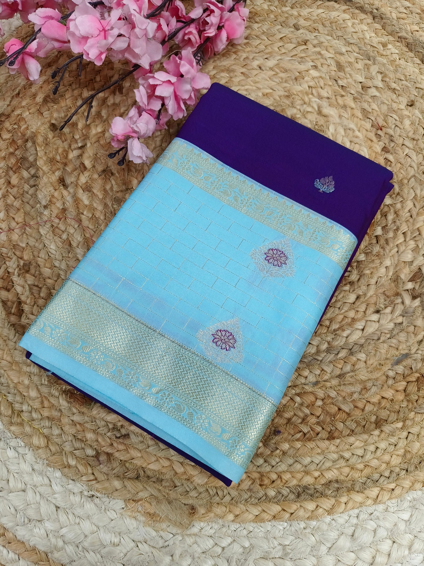Purple with sky blue Elegant semi kanjivaram silk saree
