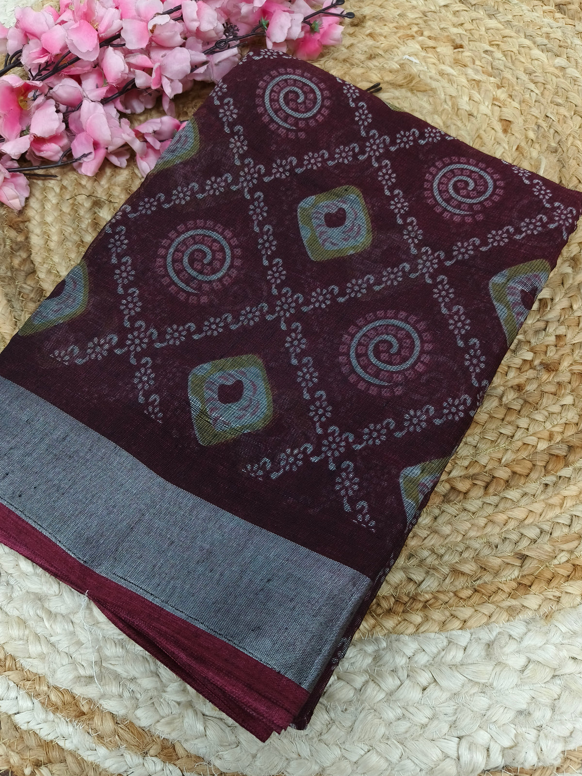 Dark Maroon  - Black Lenin Cotton saree