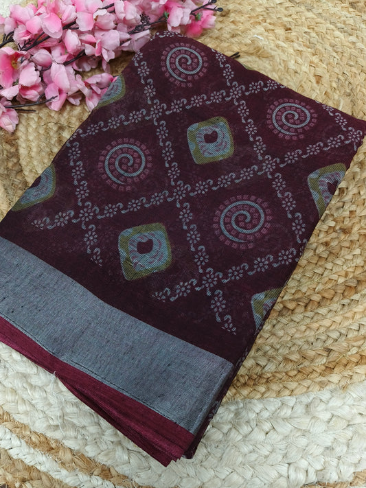 Dark Maroon  - Black Lenin Cotton saree