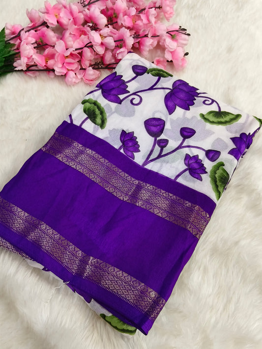 Purple with white  moss chiffon saree