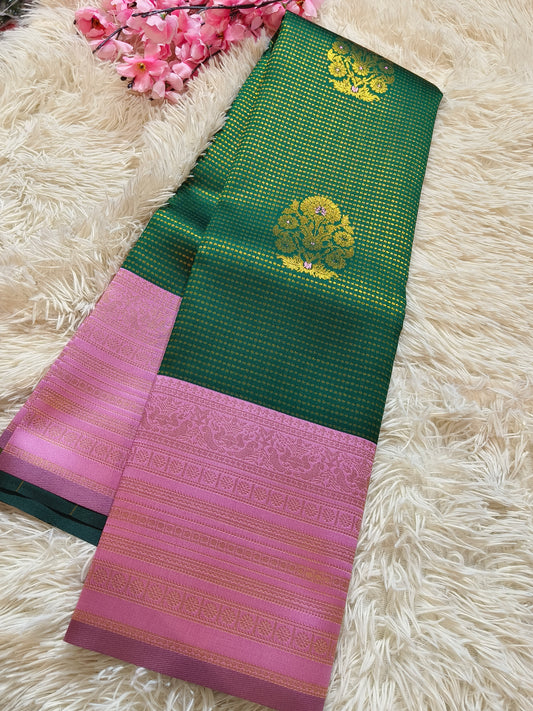 Green With Light Pink Semi Kanchi Pattu silk saree