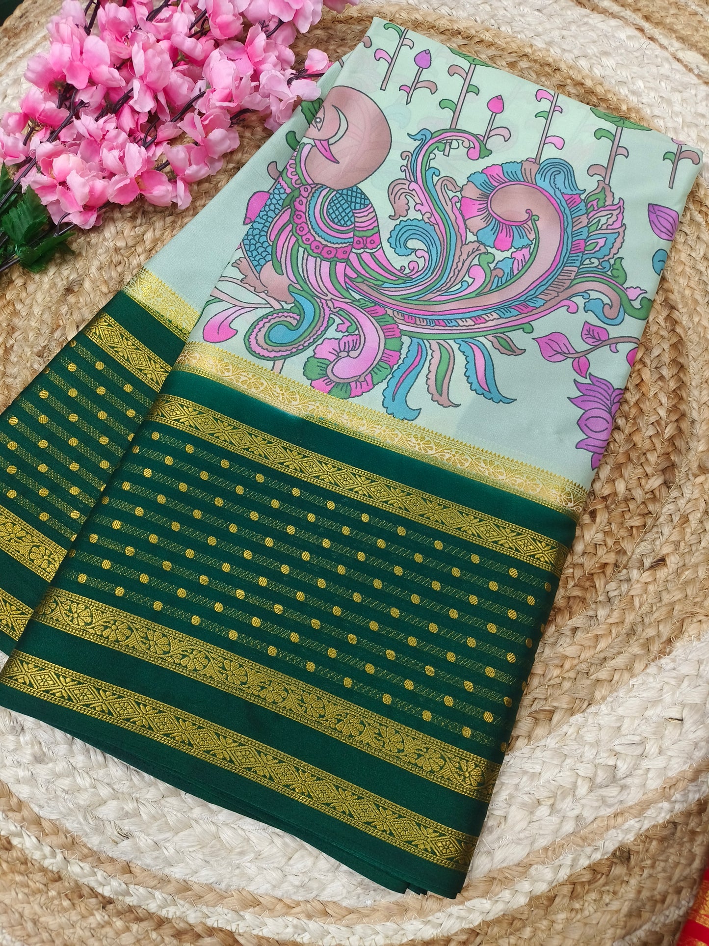Green Digital peacock printed semi Mysore crepe silk saree