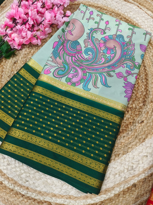 Green Digital peacock printed semi Mysore crepe silk saree