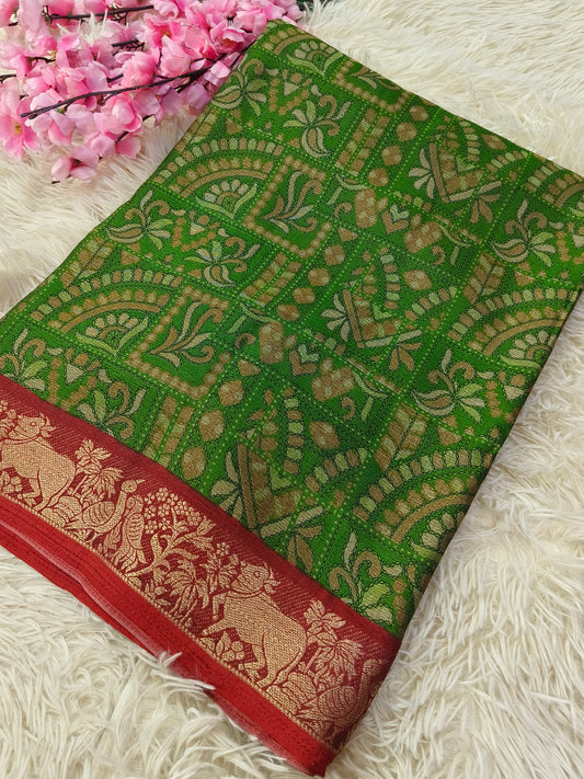 Green with red Kalamkari Fusion silk saree
