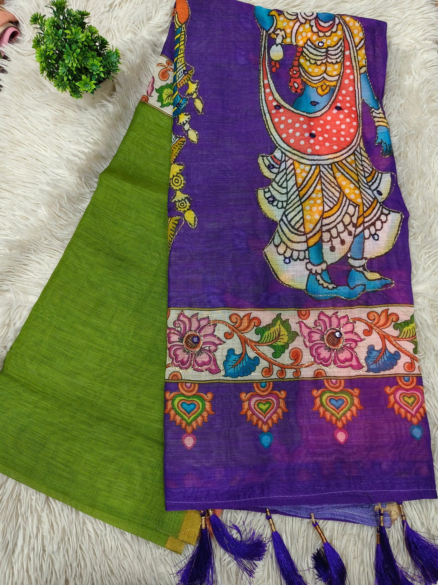 Purple with Green Linen cotton Kalamkari saree