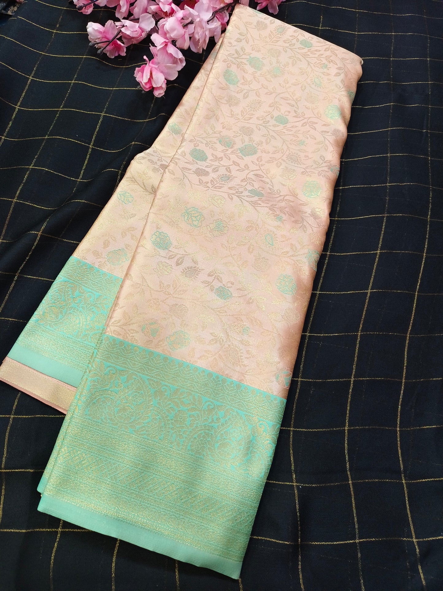 Peach with light blue Soft satin Silk saree