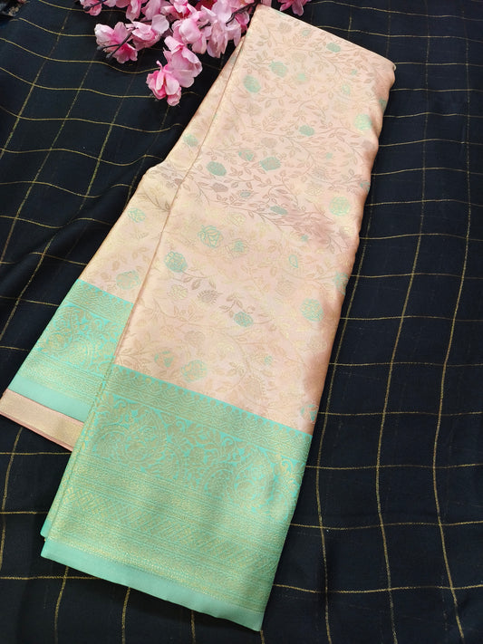 Peach with light blue Soft satin Silk saree