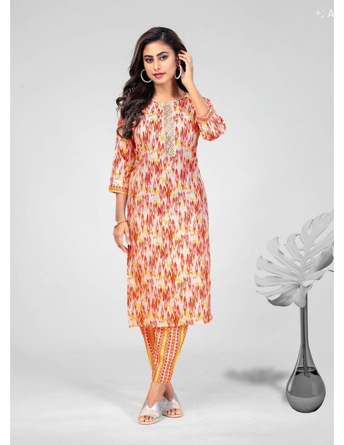 Orange Elegant Printed Cotton Kurta Set