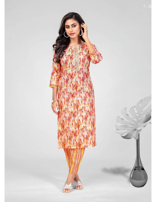 Orange Elegant Printed Cotton Kurta Set