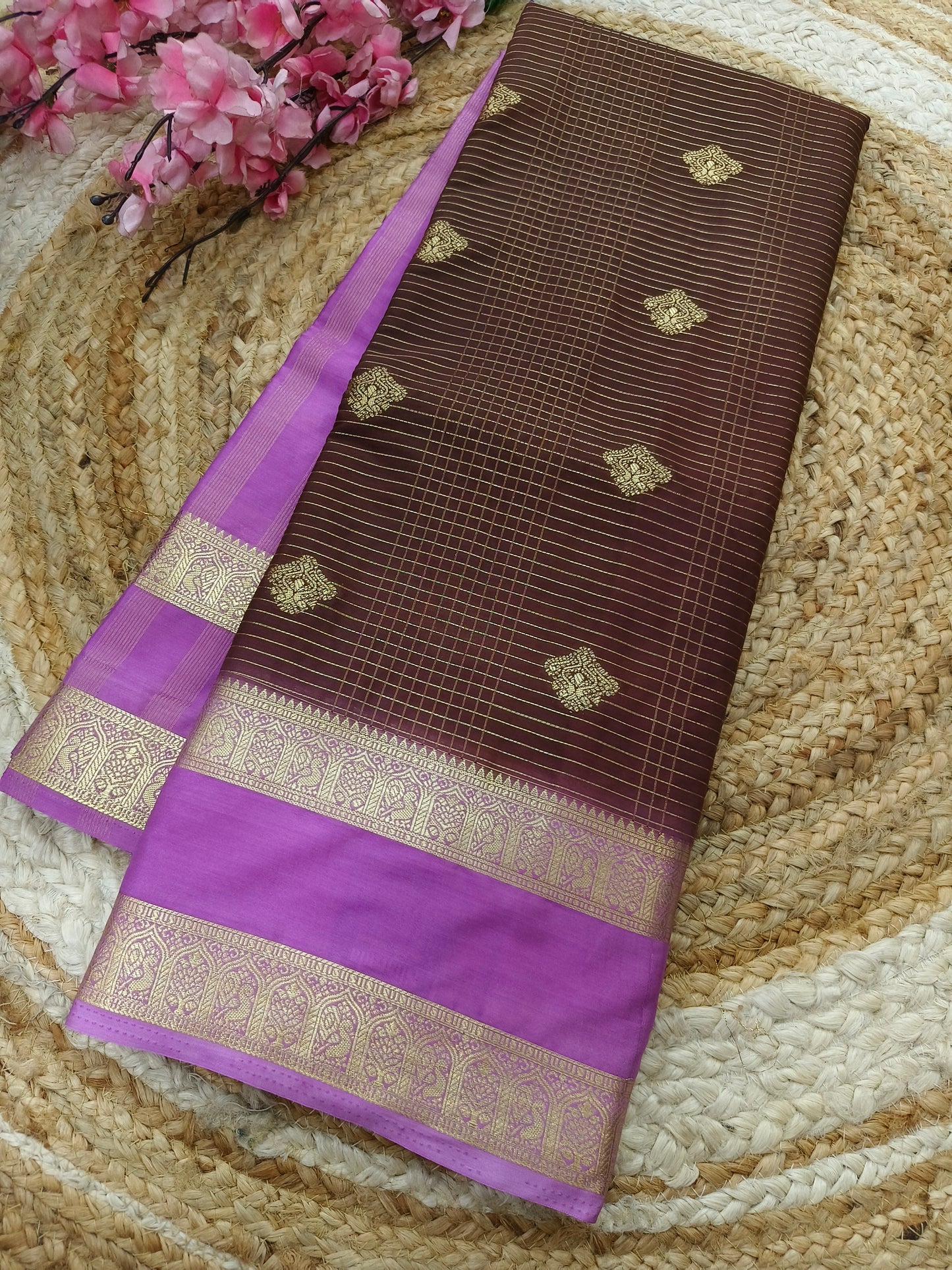 Brown with Pink Semi Mysore silk