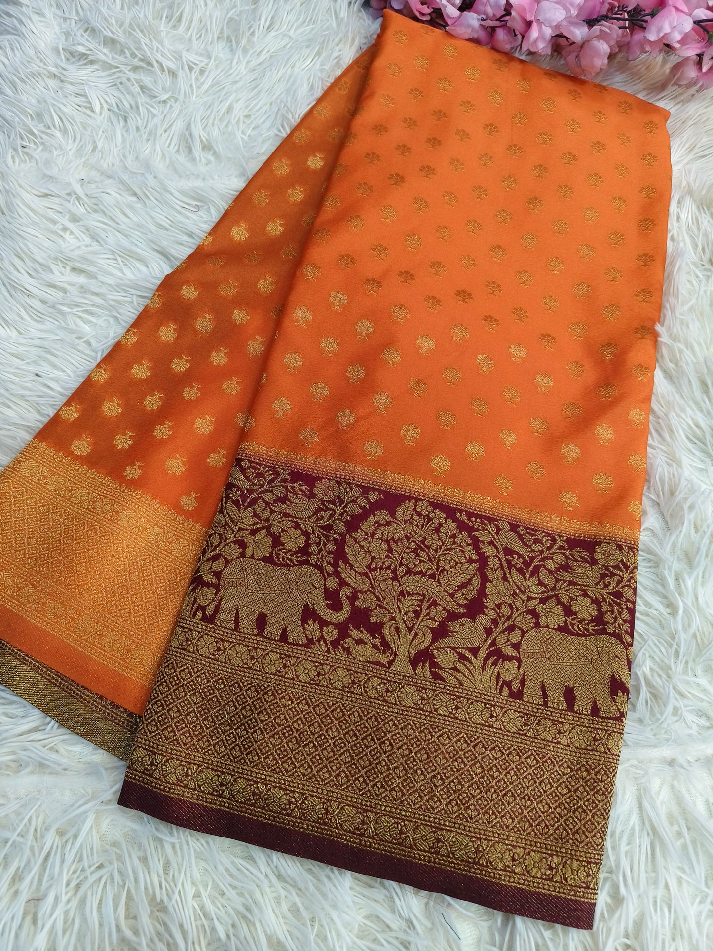 Orange with maroon Banarasi georgette silk saree