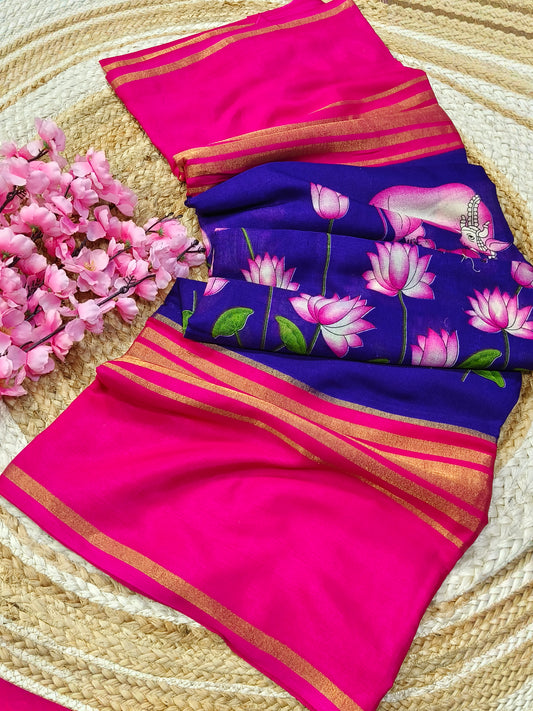 Pink with Blue 2D Linen cotton saree