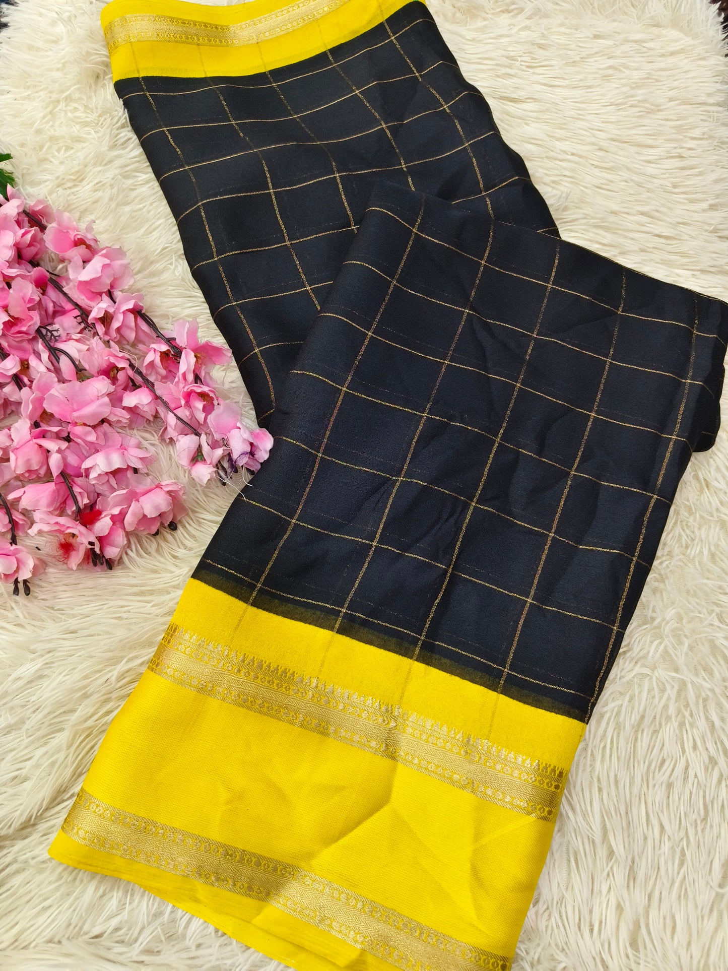 Black with Yellow chinon silk saree