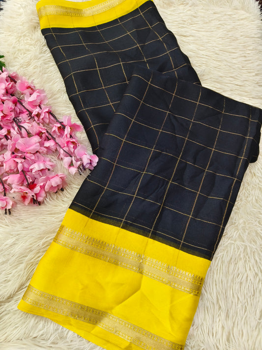 Black with Yellow chinon silk saree