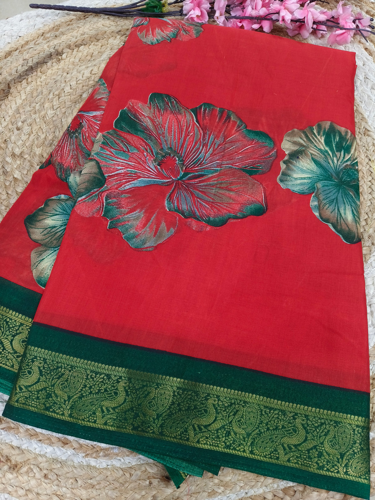 Red Floral Printed Saree with Green Zari Border