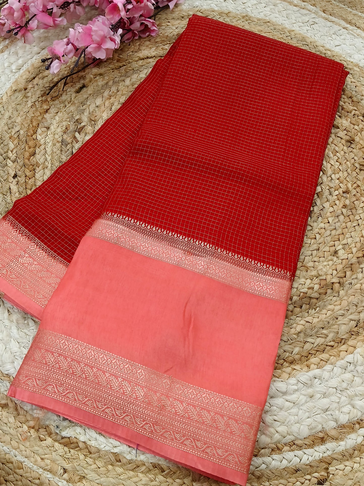 Red with peach viscose silk saree