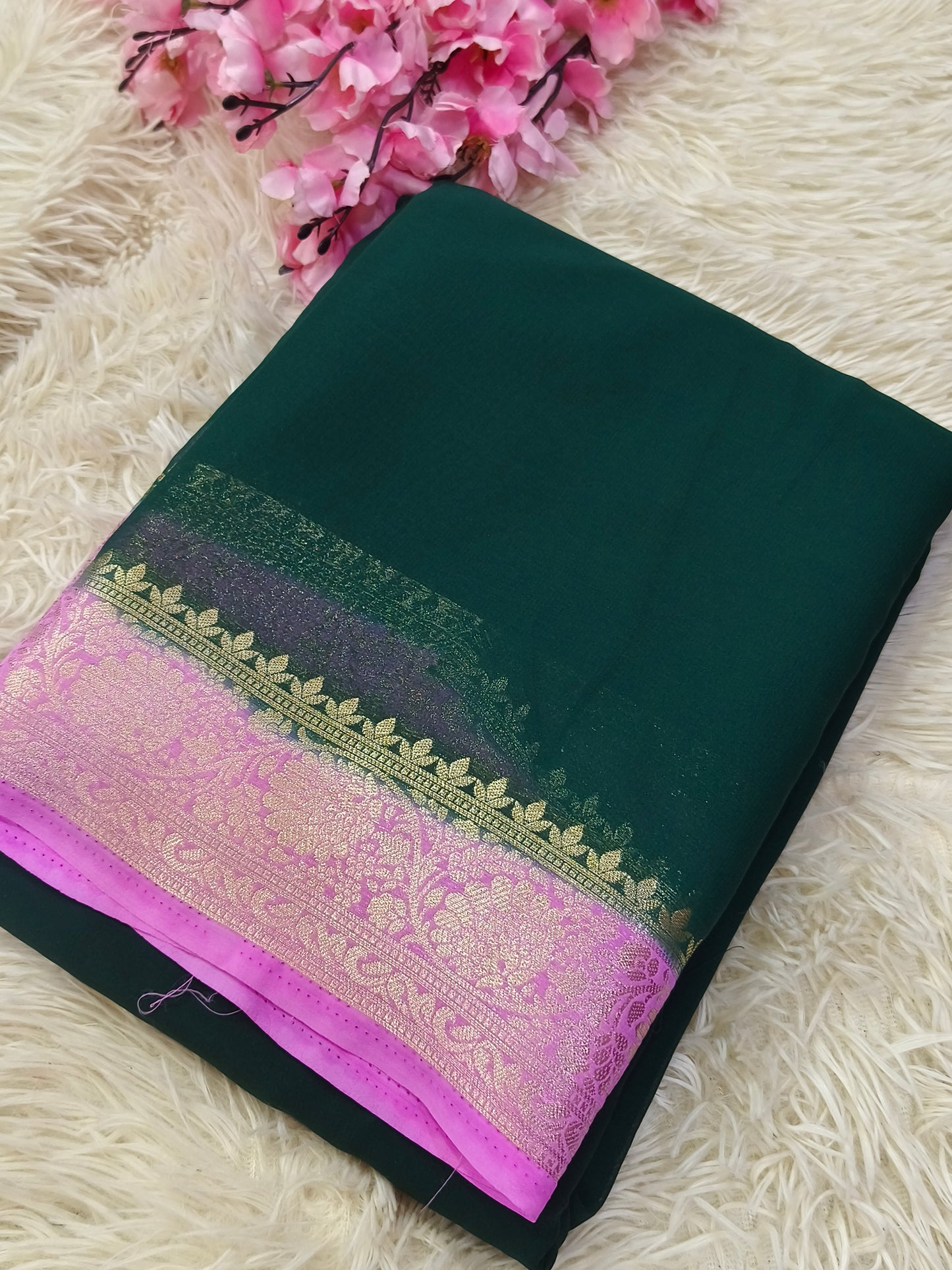Bottle Green with Candy Pink Semi crepe georgette silk saree