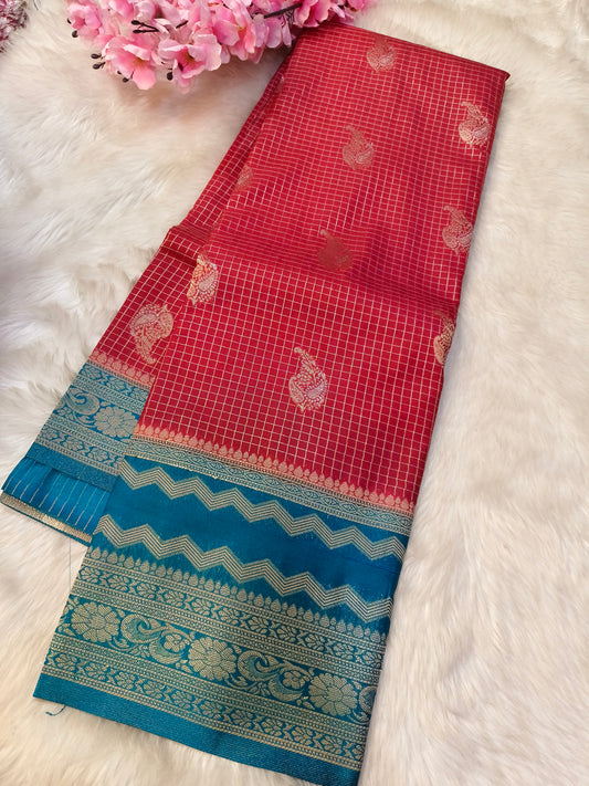Red with sky blue georgette crepe silk saree