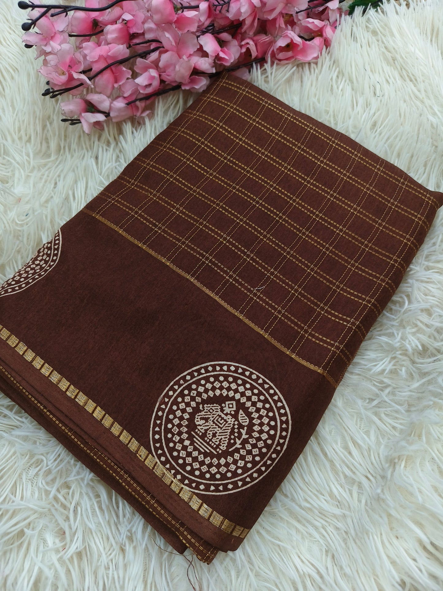 Brown saree with zari chex