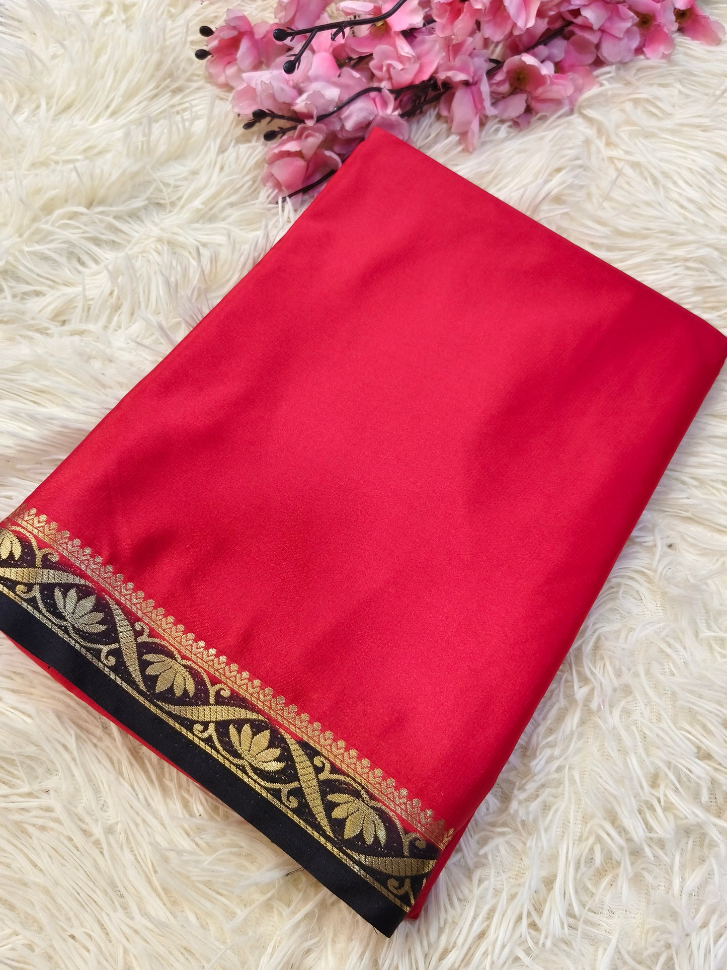 Red With Black semi Mysore crepe silk saree