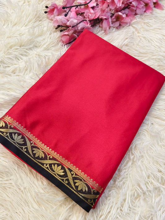 Red With Black semi Mysore crepe silk saree