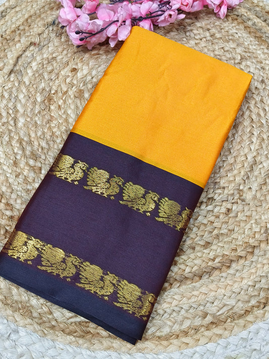 Yellow With Brown Gadwal Semi silk saree