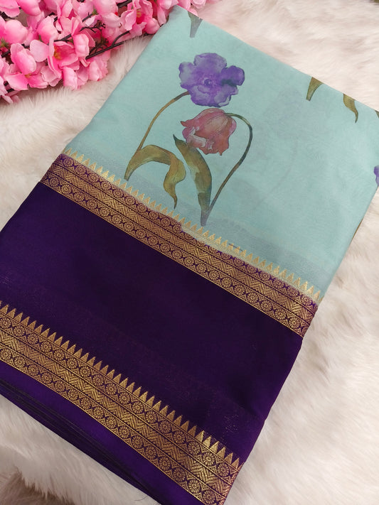 Blue with purple semi Mysore crepe silk saree