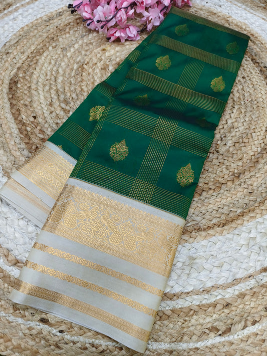 Bottle green with cream Elegant  soft semi kanjivaram silk saree