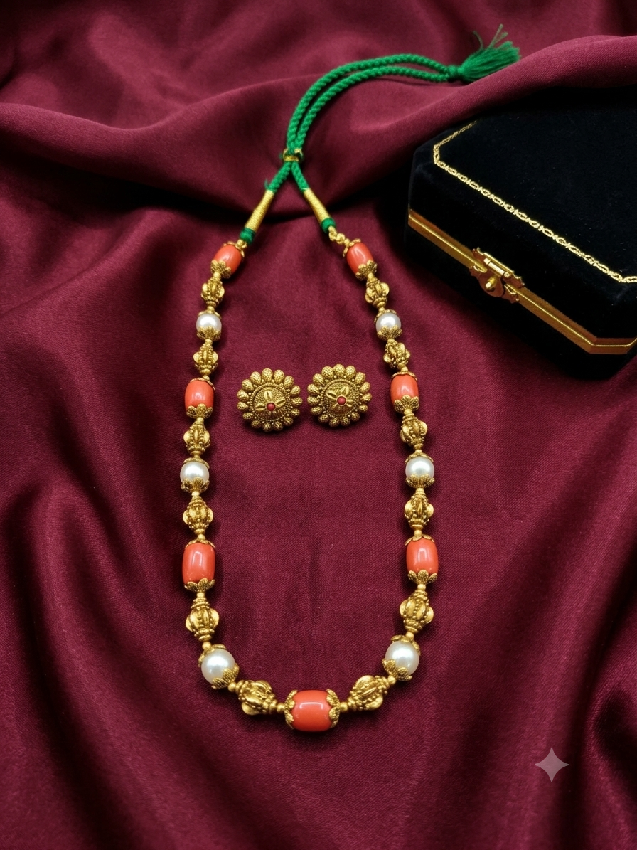 Antique Coral & Pearl Beads Gold Jewelry Set