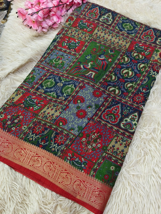 Red Kalamkari Fusion silk saree