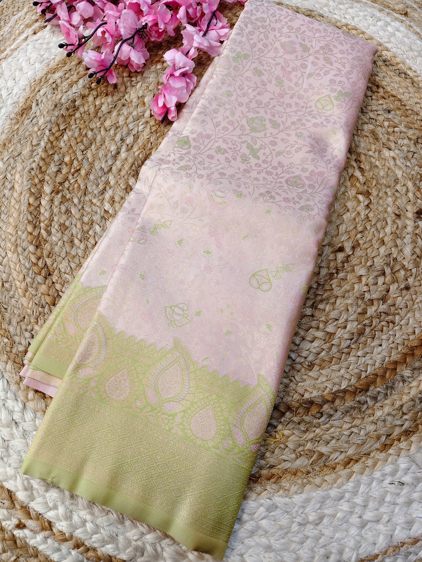 Light Pink with Green Soft satin Silk saree