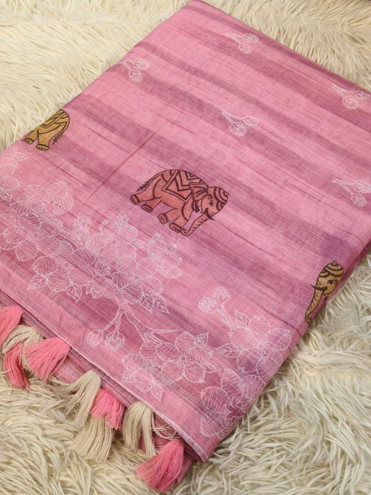 Pink Lenin silk Saree