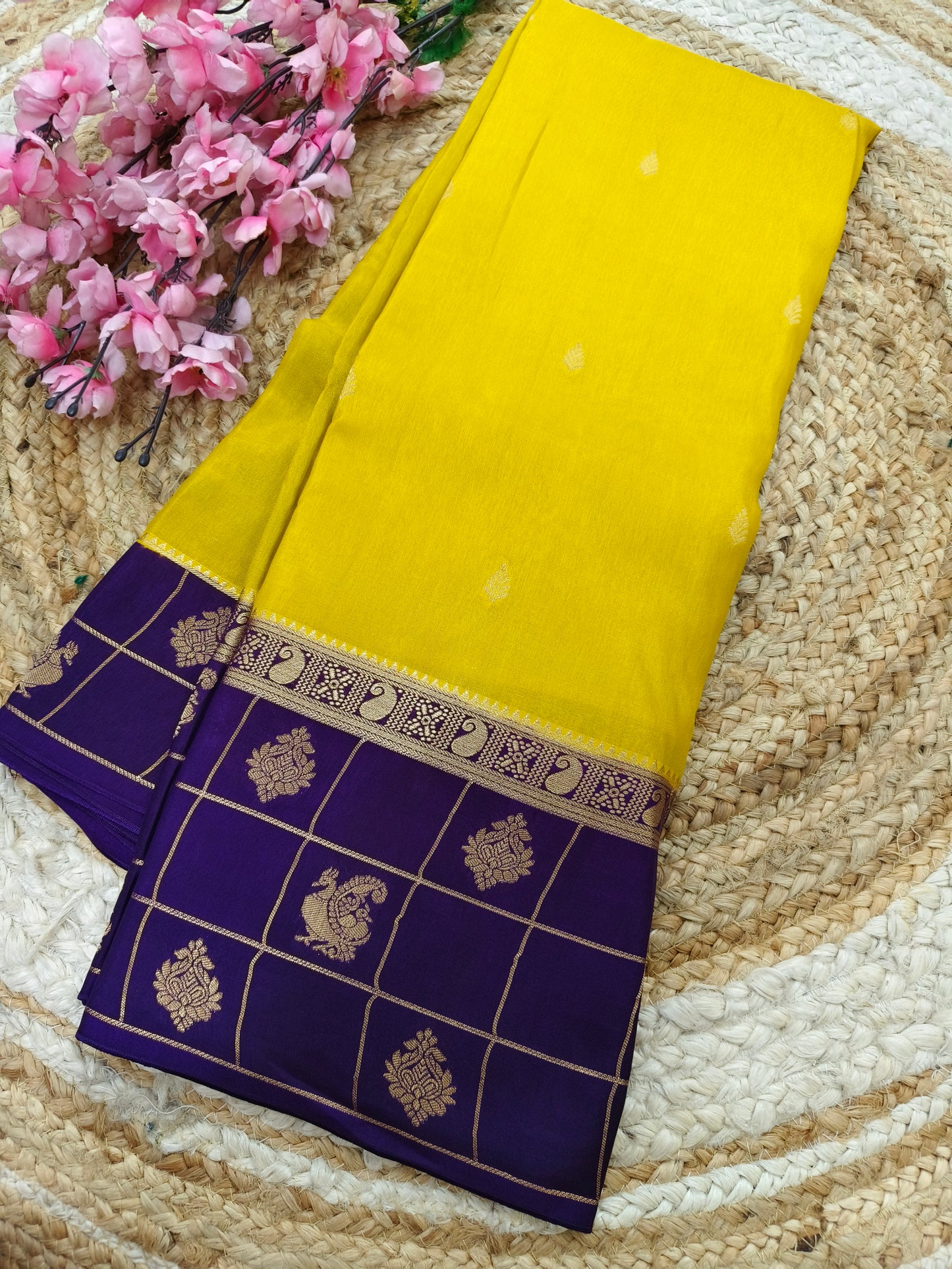 Yellow with purple Munga silk saree