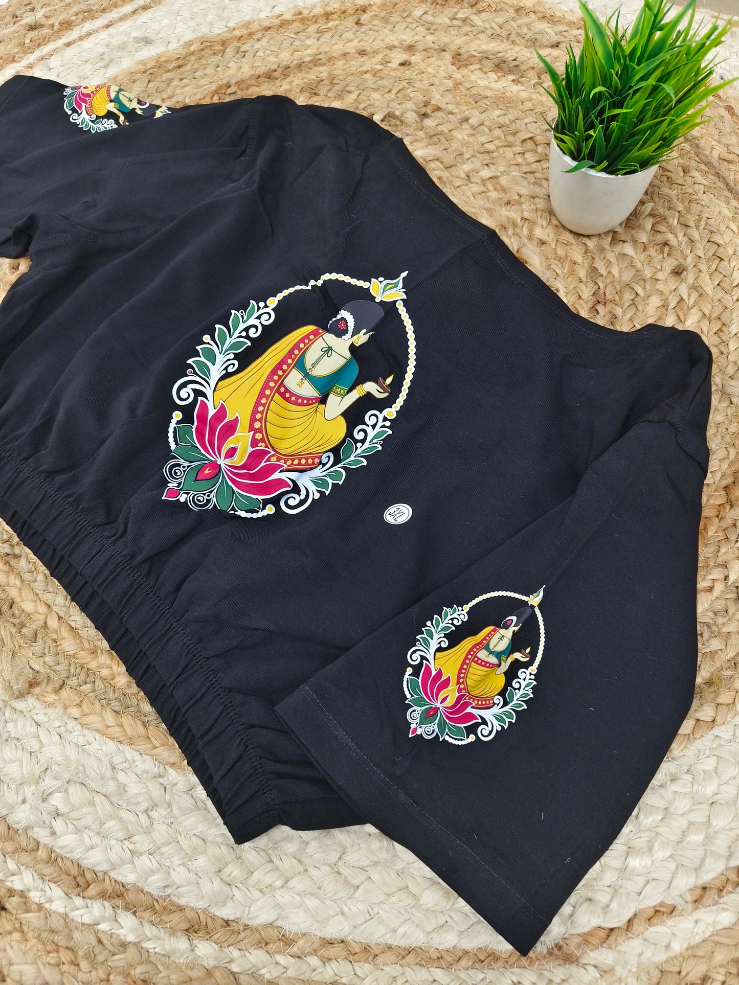 Black Stretchable blouse with unique printed design