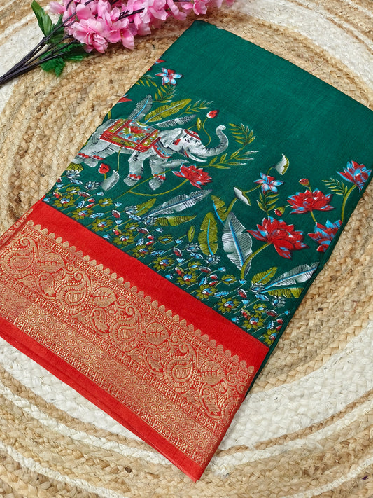 Green with orange Binny silk saree