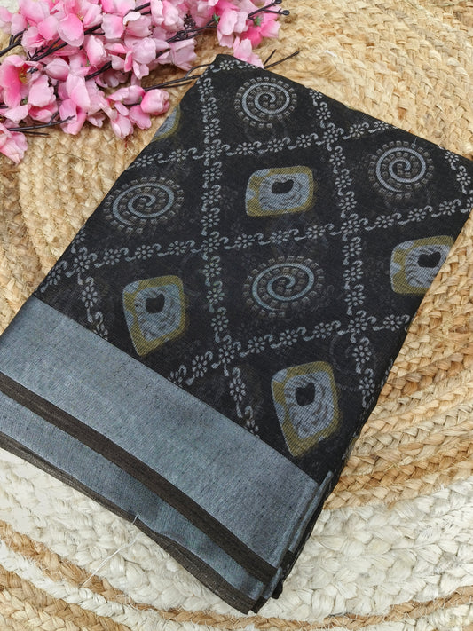 Dark Grey   - Black Lenin Cotton saree