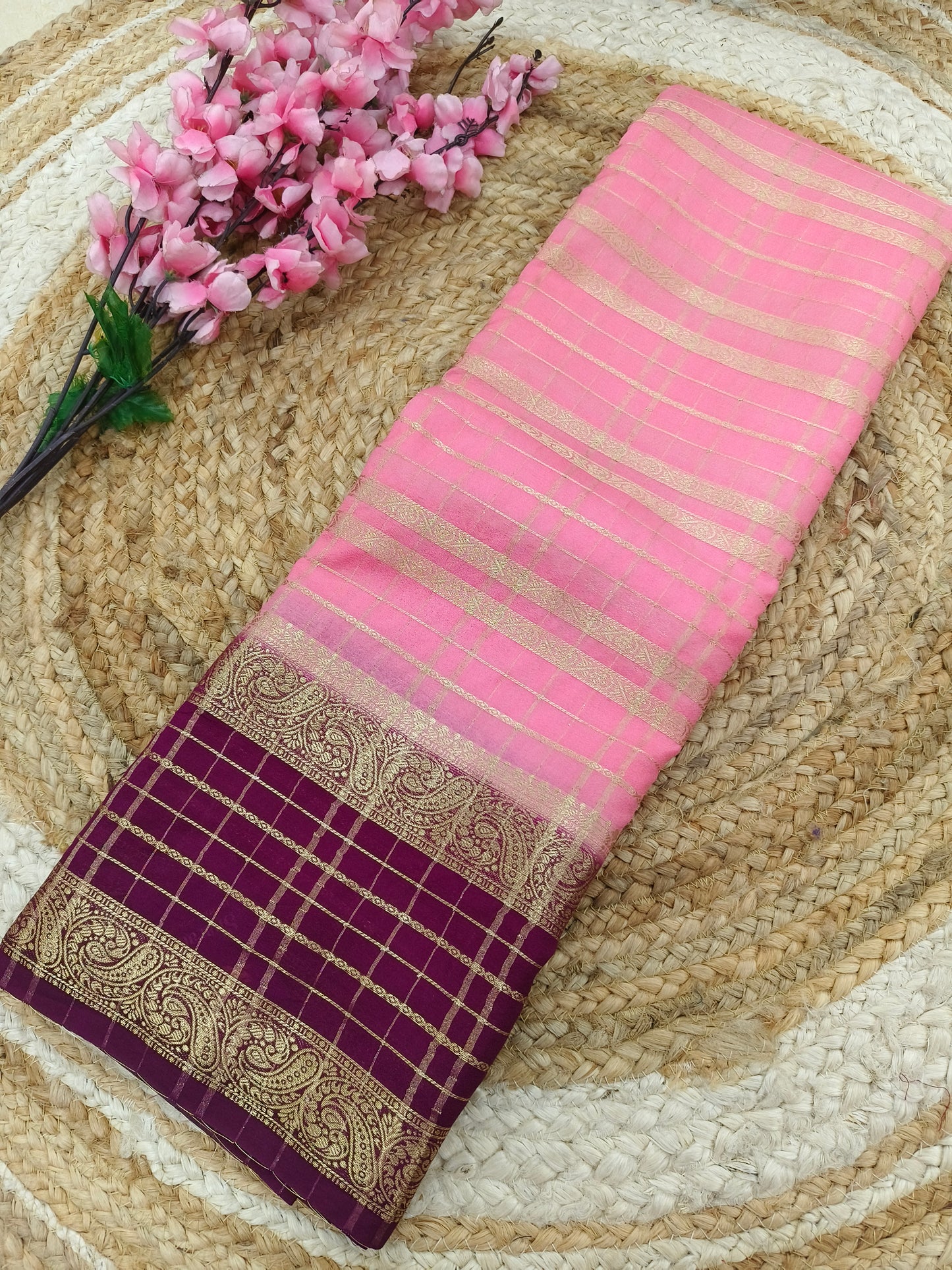 Peach with Wine botcrepe Georgette saree