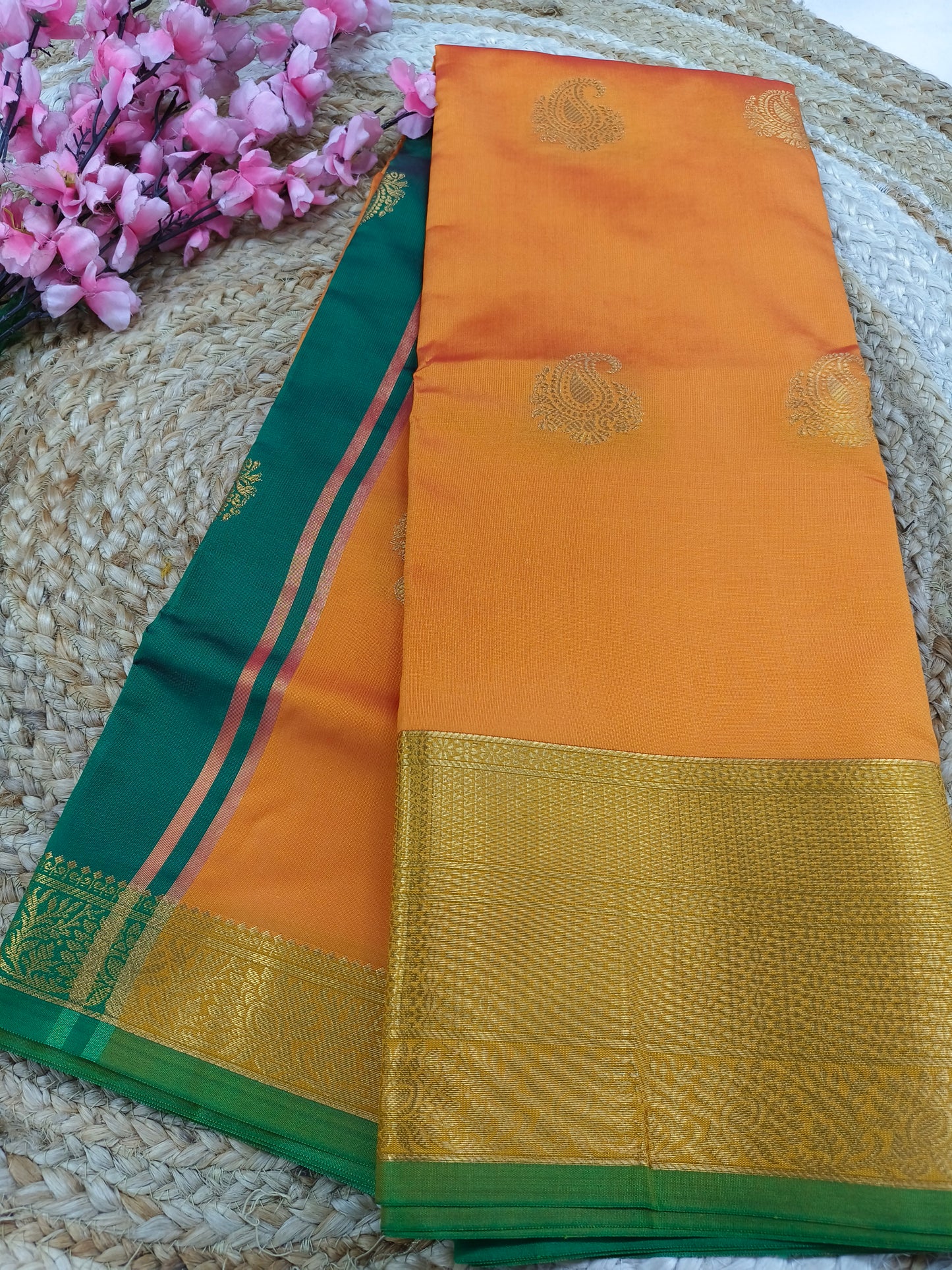 Orange  Semi kanchi silk saree
