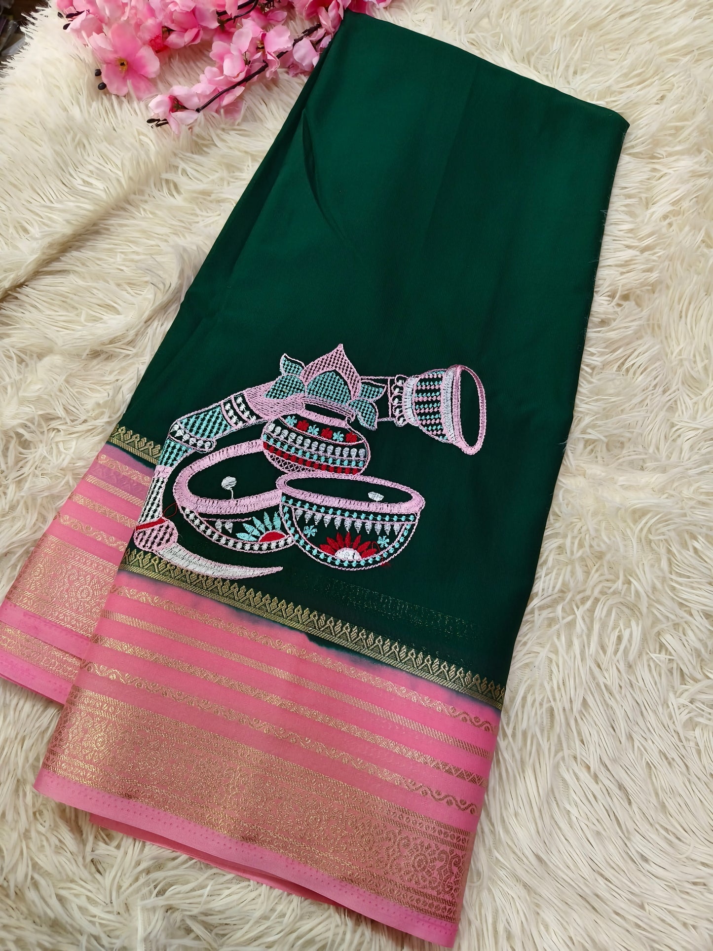 Green With Pink Semi Mysore crepe Silk saree