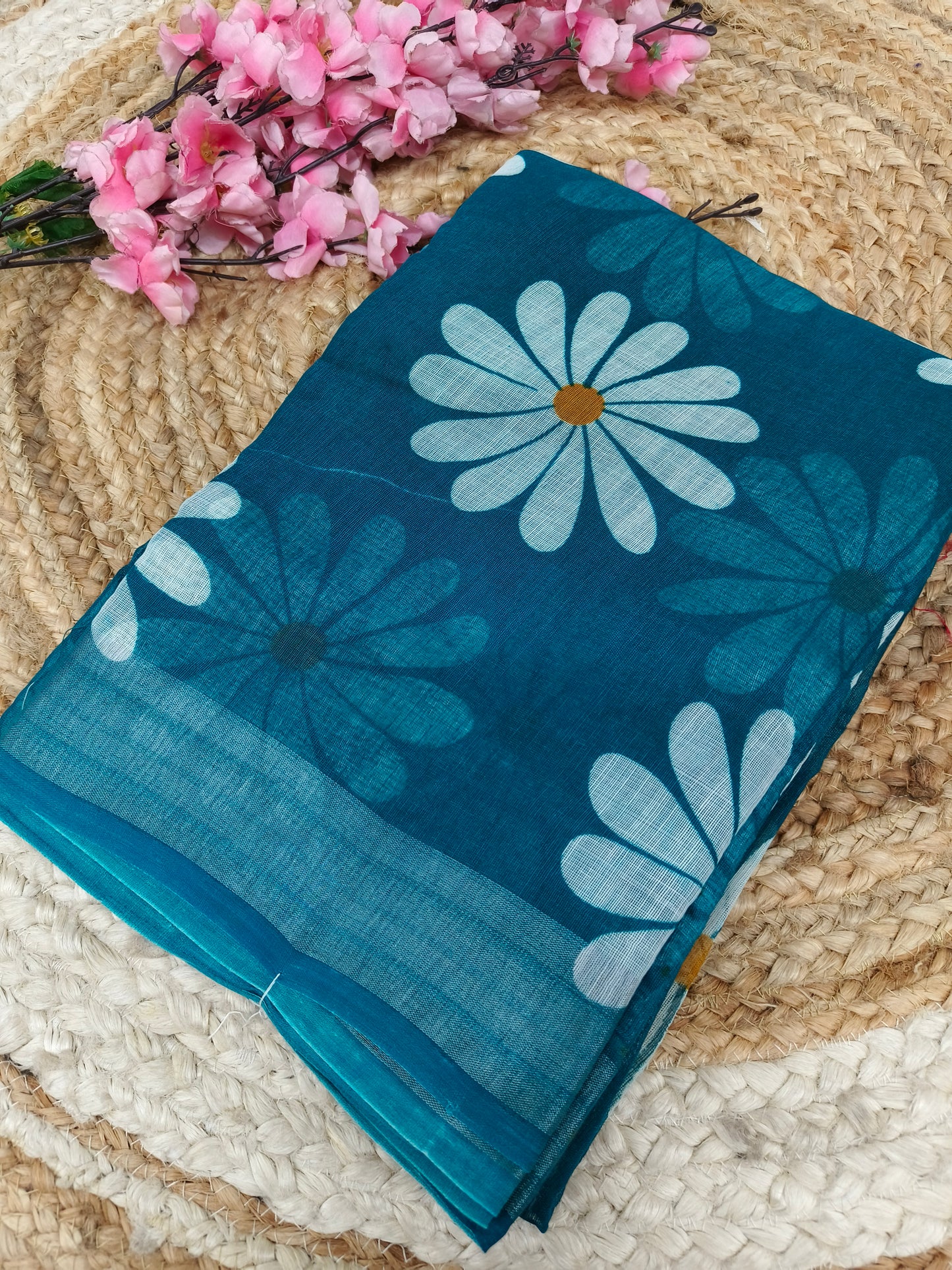 Peacock blue Lenin Cotton saree