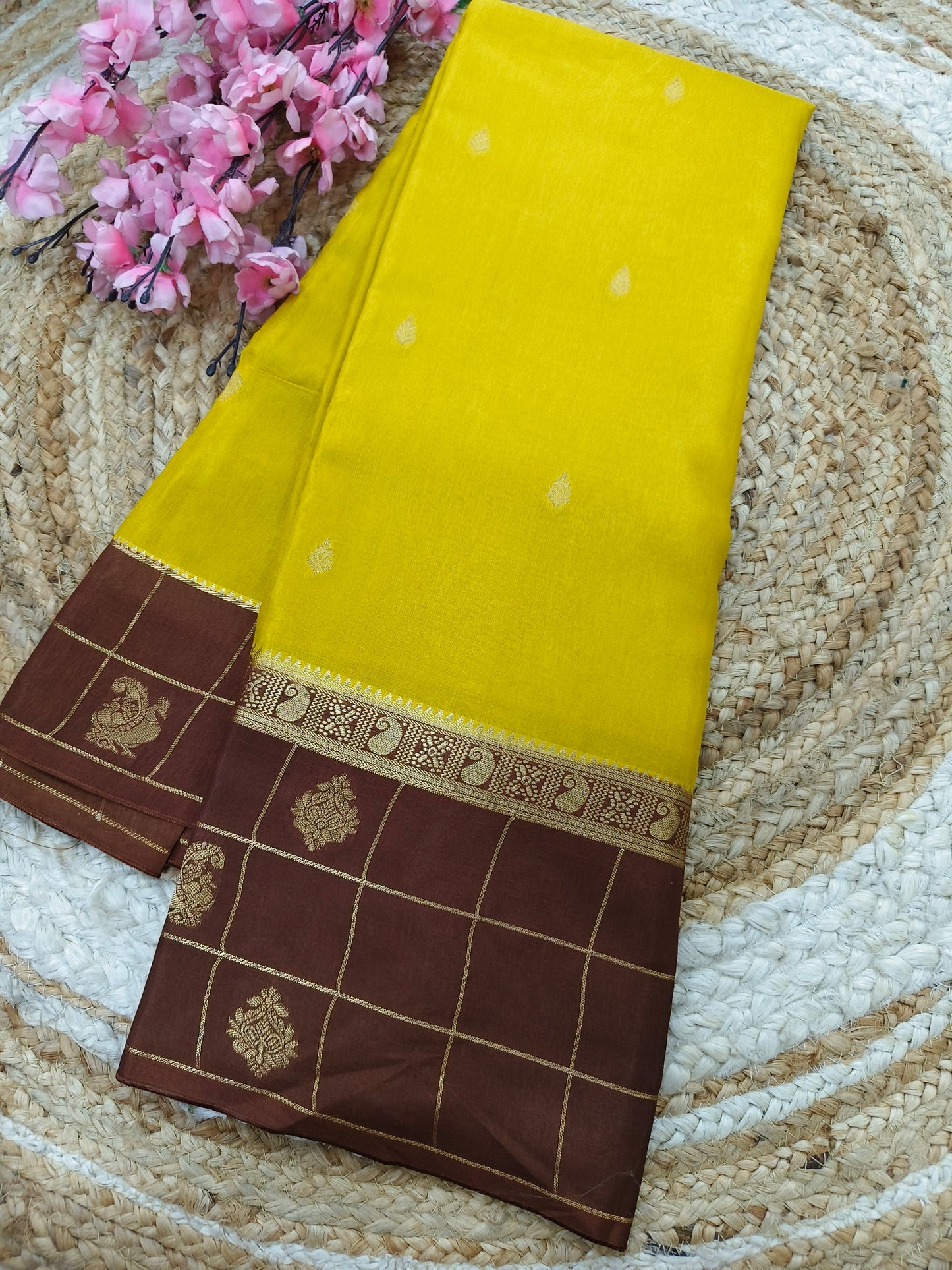 Lemon yellow with brown Munga silk saree