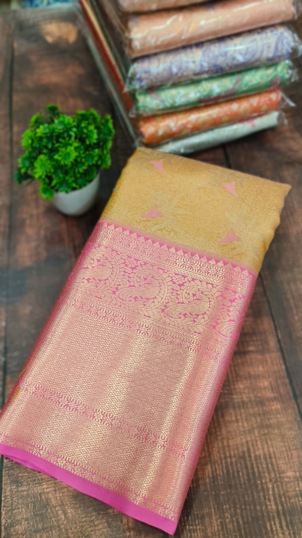 Golden Yellow Kanchipuram semi tissue Soft silk saree