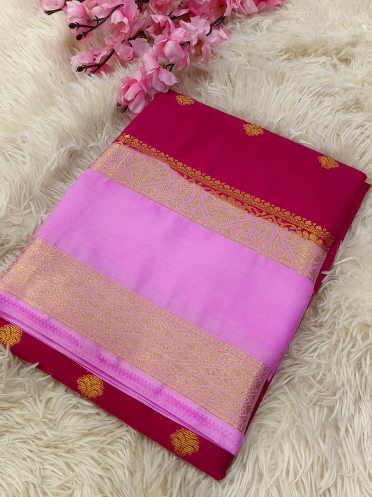Ruby Pink With Baby Pink Semi Mysore crepe silk saree