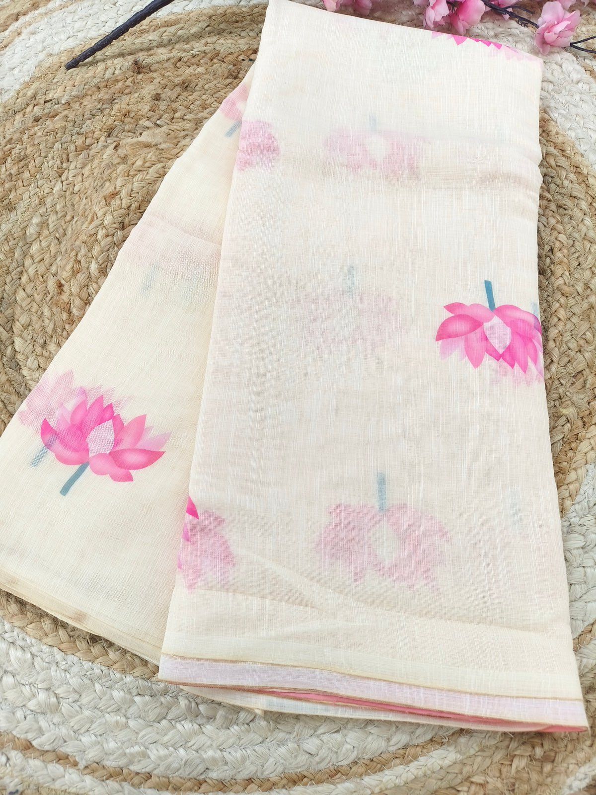 Cream with Baby Pink Elegant linen saree
