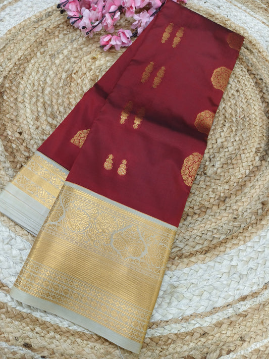 Maroon with cream Elegant  soft semi kanjivaram silk saree