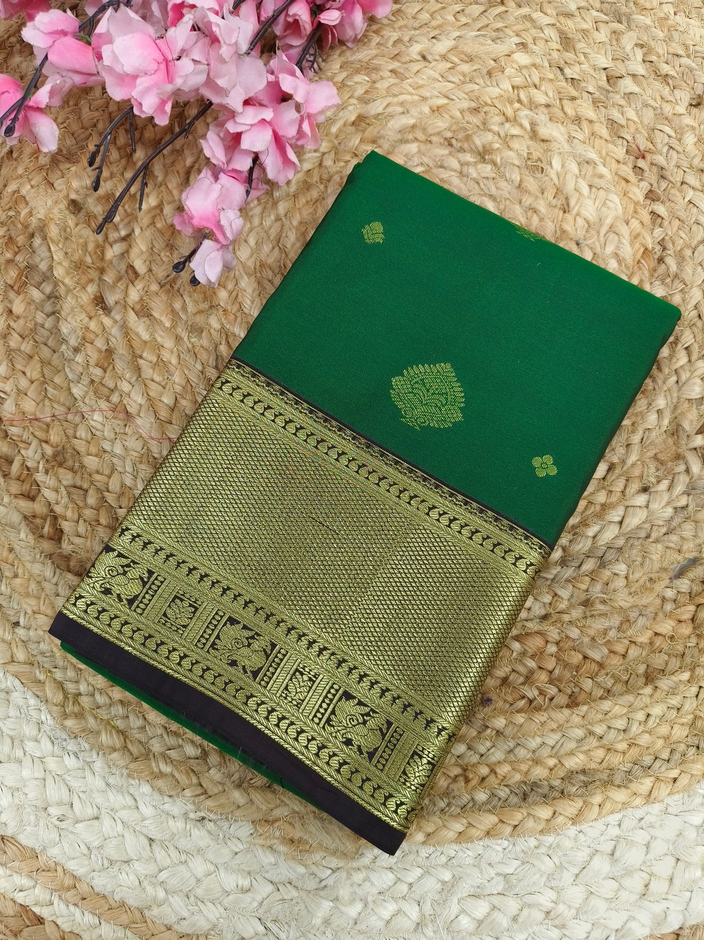 Bottle green with black Elegant semi kanjivaram silk saree